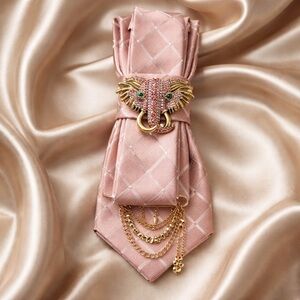 Pink Satin Statement Tie with Gold Elephant Brooch